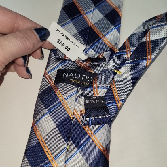 Nautica Tie Mens Silk Handmade Plaid Blue/Orange Office‎ Preppy Collegiate - Picture 4 of 7